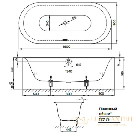 ванна bette lux oval 3466-035 1800х800 мм шумоизоляция, черный