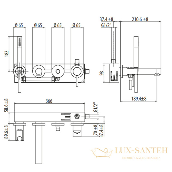 смеситель для ванны встраиваемый gattoni circle one, 9005 х 90bo, со встроенной частью и душем, белый матовый