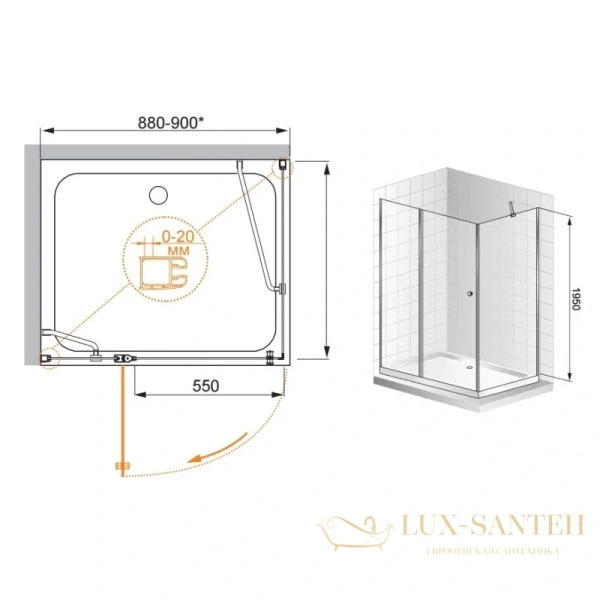 душевой уголок cezares elena-ah-1 elena-w-ah-1-90/100-p-cr-r 90x100 см, стекло рифленое