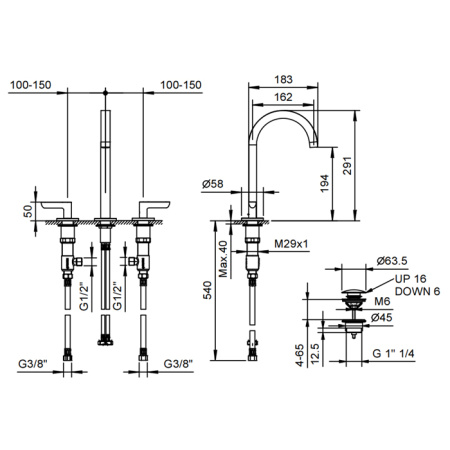 смеситель для раковины, fantini icona deco, 53 p5 r107, 3 отв., с нажимн. донным клапаном, излив 160мм, оружейная сталь