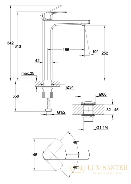 смеситель высокий для раковины cersanit wisla 63059, с донным клапаном, хром