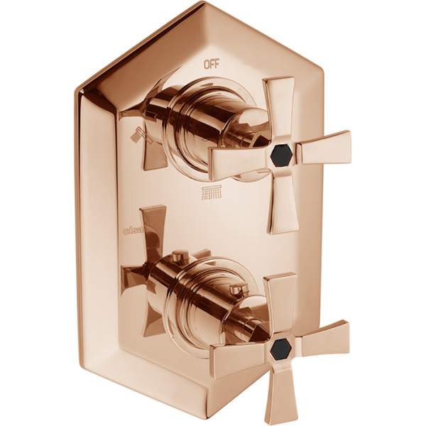 cisal cherie, cx0192007e, внешняя часть встраиваемого термостатического смесителя для душа, переключатель на 3 выхода, цвет розовое золото х черный