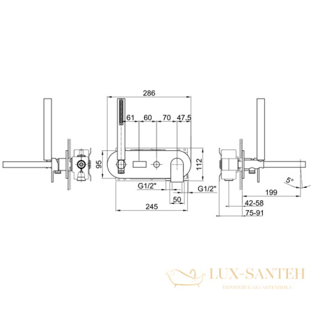 смеситель для ванны встраиваемый fantini mare, 51 02 e121b,излив 200мм, с ручным душем, (наружняя часть), хром