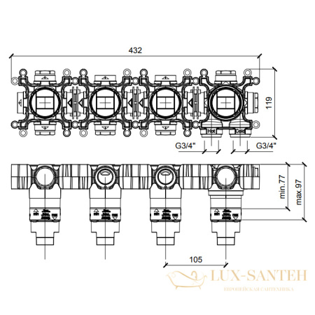 встраиваемая часть almar modular e176909, термостатического смесителя, на 3 выхода, горизонтальный монтаж