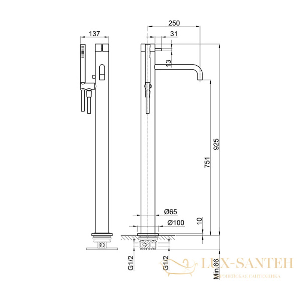 cмеситель для ванны напольный fantini af/21, 27 93 a580b, с ручным душем, излив 250мм, (наружняя часть), матовая сталь