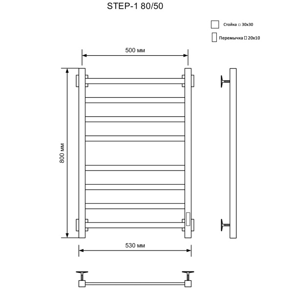 полотенцесушитель электрический кабельный ника step-1 80/50 ral9005 черный матовый u