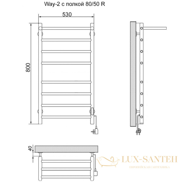 полотенцесушитель электрический кабельный ника way-2 80/50 с полкой ral9005 черный матовый u