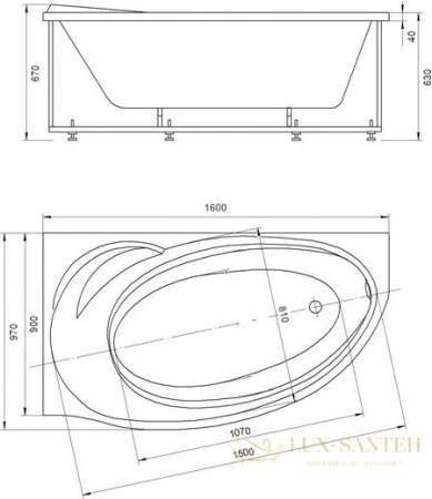 акриловая ванна aquatek бетта 160х97 bet160-0000046 (левая, вклеенный каркас, без гидромассажа, с фронтальным экраном)