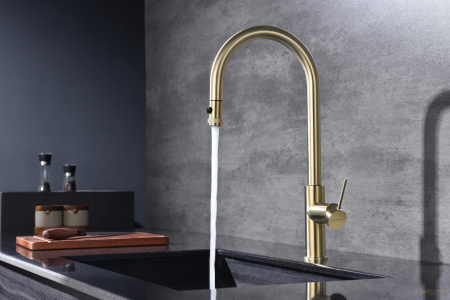 смеситель для кухни под фильтр с выдвижным изливом paulmark galant ga213077-sbg, золото светлое брашированное