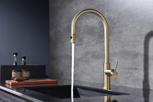 смеситель для кухни под фильтр с выдвижным изливом paulmark galant ga213077-sbg, золото светлое брашированное