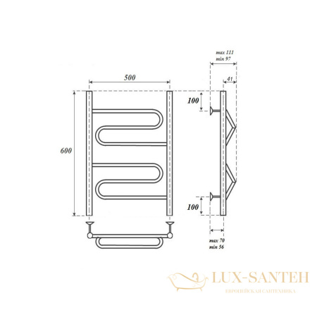 полотенцесушитель 500x600 электрический point юпитер pn01156e п2 левый/правый, хром