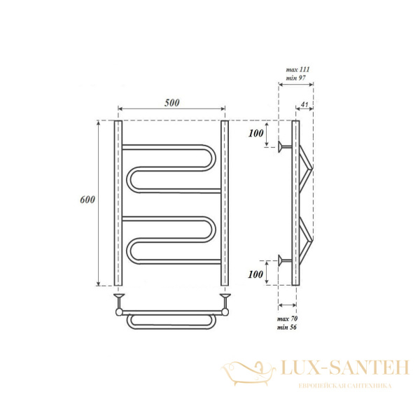 полотенцесушитель 500x600 водяной point юпитер pn01156 п2, хром