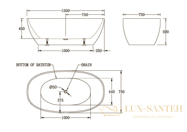 акриловая ванна belbagno bb81-1500-w0 150x75 без гидромассажа, белый