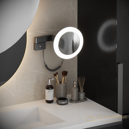 косметическое зеркало timo saona 15276/03, х-5 кратное увеличение, 220 в, холодный свет, с возможностью скрытого подключения, черный матовый