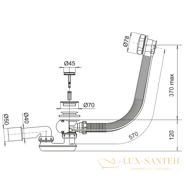 слив-перелив для ванны whitecross spwc60bl, 60 см, черный матовый