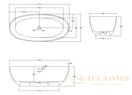 ванна свободностоящая из искусственного камня abber stein as9641-1.7, 170х68х55h см, белый матовый 