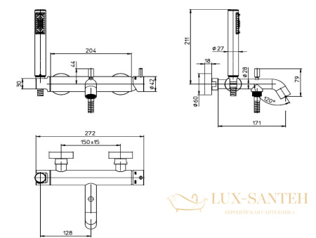 смеситель для ванны bossini teo, z00723.022, с душевым комплектом, бронза