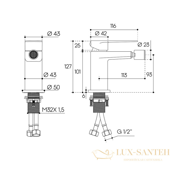 смеситель для биде aqueduto linha lin0545, оружейная сталь