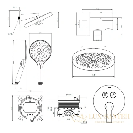 душевая система для душа встраиваемая aquame, aqm8402gm, оружейная сталь