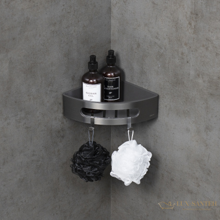 полка для душа угловая lemark shelf line 9776048,  с крючками и вставкой из пластика, графит