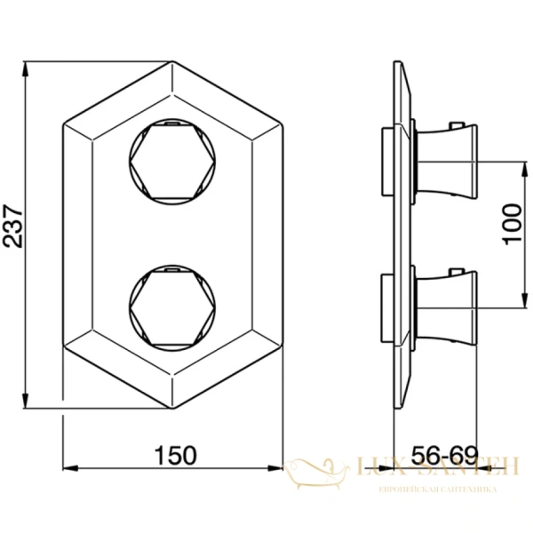 термостат встраиваемый cisal cherie, ce01910021, внешняя часть, на 2 выхода, хром