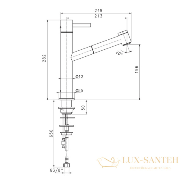 смеситель для раковины, fantini af/21 27 02 a754f, 1 отв., без донного клапана, излив 213мм, хром
