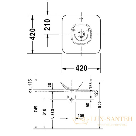 раковина накладная duravit bacino 0333420000 420х420 мм, белый