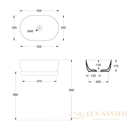 раковина накладная, alice unica, 32120108, овальная, 55*35, без отверстия под смеситель, черный матовый
