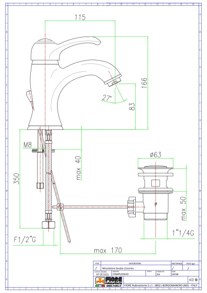 смеситель для раковины fiore jafar 47zz5221 с донным клапаном, бронза