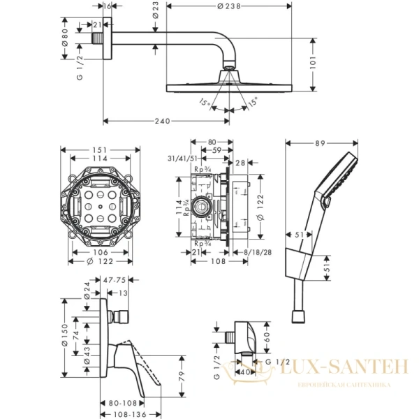 душевая система скрытого монтажа hansgrohe crometta s 240 1jet с однорычажным смесителем 27958000