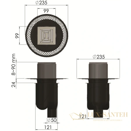 душевой трап berges platz uno 090069 99x99/50 мм, матовый хром