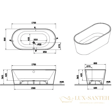 акриловая ванна vitra geo 65370006000 170x80 см, белый