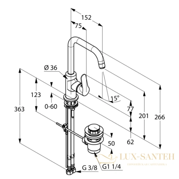 смеситель для раковины kludi objekta 320230575 с донным клапаном, хром