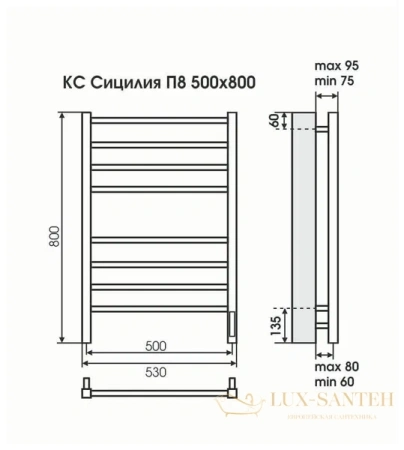 полотенцесушитель электрический terminus сицилия 4670078527646 п8 500x800 кс 9005 черный матовый
