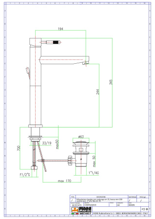 высокий смеситель fiore xenon 44cr5291 для раковины с донным клапаном, хром
