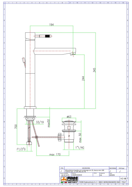 высокий смеситель fiore xenon 44cr5291 для раковины с донным клапаном, хром