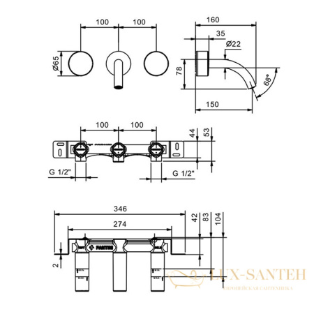 смеситель для раковины встраиваемый fantini nice, 65 02 s210sb, без донного клапана, излив 150мм (наружняя часть), хром