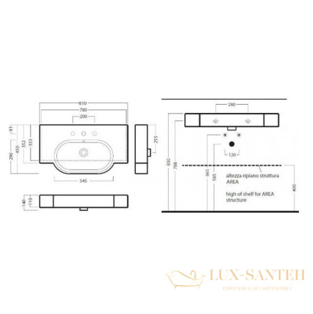 раковина hatria area y0up01, 81х45 см, 1 отверстие для смесителя, с переливом, подвесная/встраиваемая, белый глянцевый