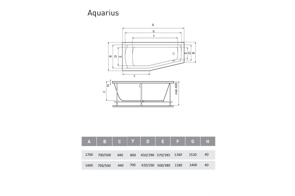 ванна акриловая relisan aquarius l 170х70х50