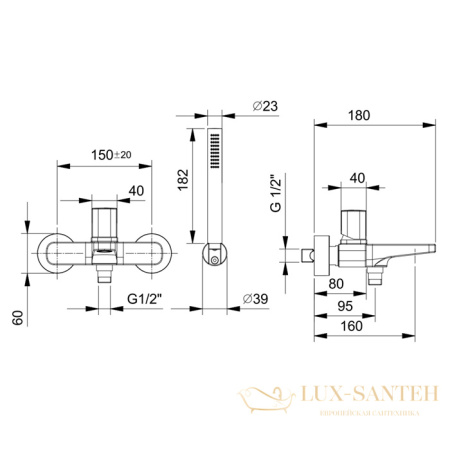 смеситель для ванны fantini lame, 24 02 m015, настенный, 2 источника, излив 160 мм, с ручным душем, хром