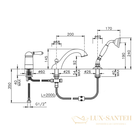 cмеситель на борт ванны nicolazzi p.m. blanc, 3414go76, на 3 отверстия, с ручным душем, ручки белая керамика, золото 24к