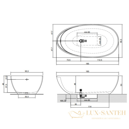 ванна свободностоящая antonio lupi eclipse, eclipse bianco/cr, 1850х955х530h, с д/к хром, cristalplant, белый