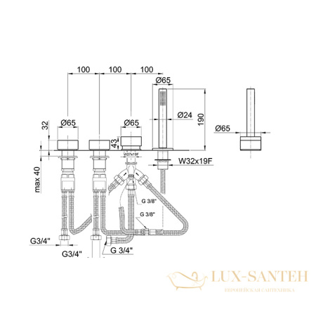 смеситель на борт ванны fantini af/21, 27 93 a267, 4 отверстий, без излива, матовая сталь