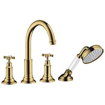 axor montreux, 16546990, смеситель на край ванны, на 4 отверстия, с крестообразными рукоятками, цвет полированное золото