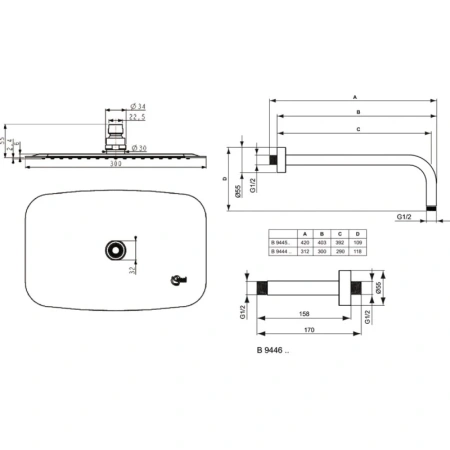 потолочный кронштейн ideal standard idealrain b9446aa для верхнего душа 158 мм l1, хром
