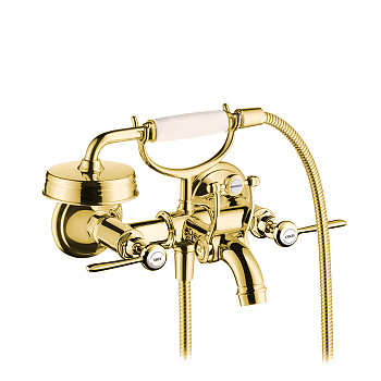 axor montreux, 16551990, смеситель для ванны, настенный, на 2 отв, с ручным душем излив 249мм (рычажные рук.), цвет полированное золото