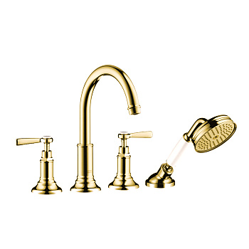 axor montreux, 16554990, смеситель для ванны, монтаж на плитку, на 4 отв, с ручным душем излив 196мм, цвет полированное золото