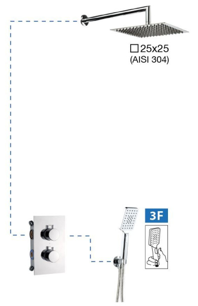 душевой комплект aqg alpha 19altec22502 с термостатом, с квадратным верхним душем 25х25 см и потолочным кронштейном 20 см, хром