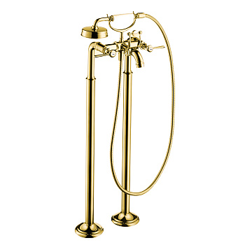 axor montreux, 16553990, смеситель для ванны, напольный, на 2 отв, с ручным душем излив 234мм (рычажные рук.), цвет полированное золото